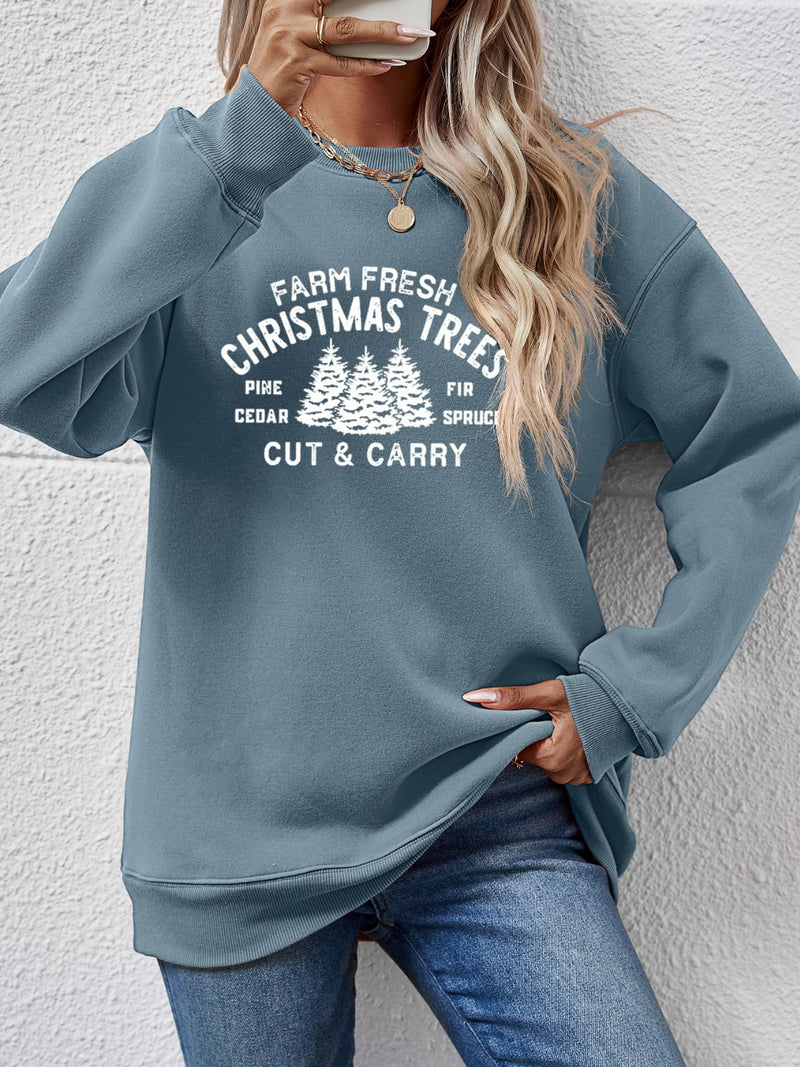 Round Neck Graphic Long Sleeve Sweatshirt French Blue