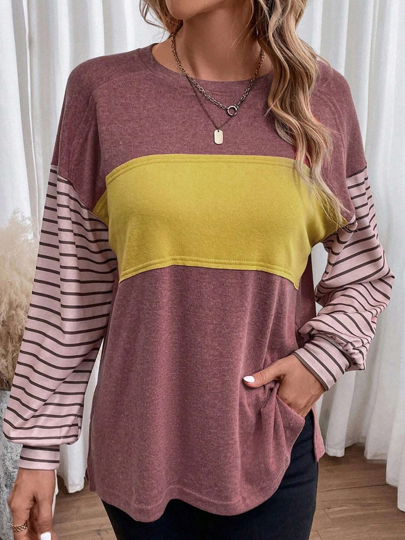 Round Neck Striped Long Sleeve Slit T-Shirt Light Mauve