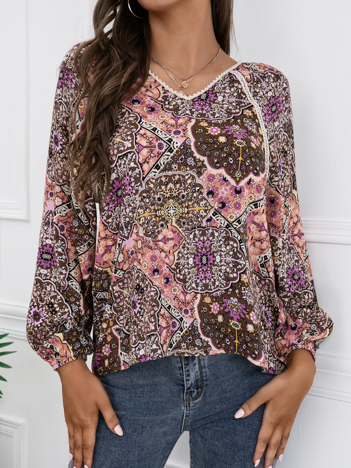 Ivy Lane Lace Detail Printed V-Neck Blouse