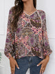 Ivy Lane Lace Detail Printed V-Neck Blouse Brown