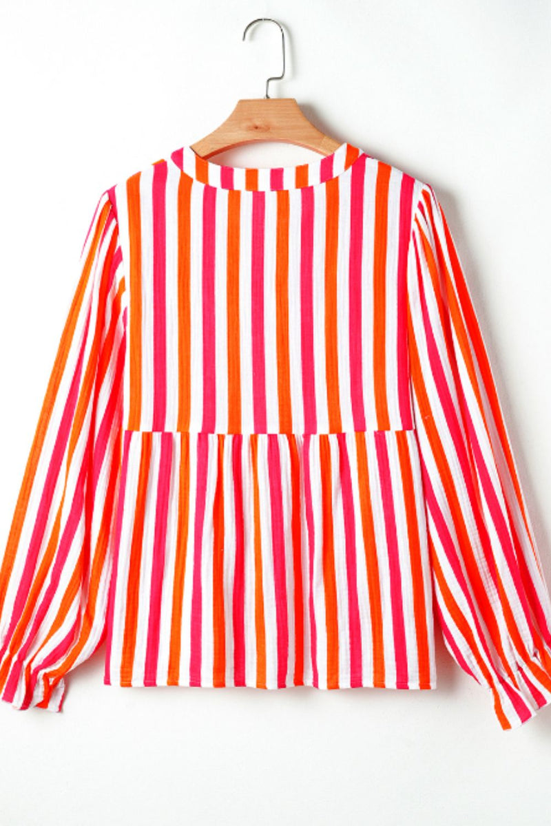 Striped Notched Flounce Sleeve Blouse