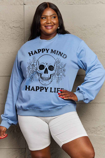 Simply Love Simply Love Full Size HAPPY MIND HAPPY LIFE SKULL Graphic Sweatshirt