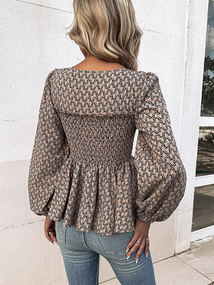 Honey Printed Square Neck Long Sleeve Blouse