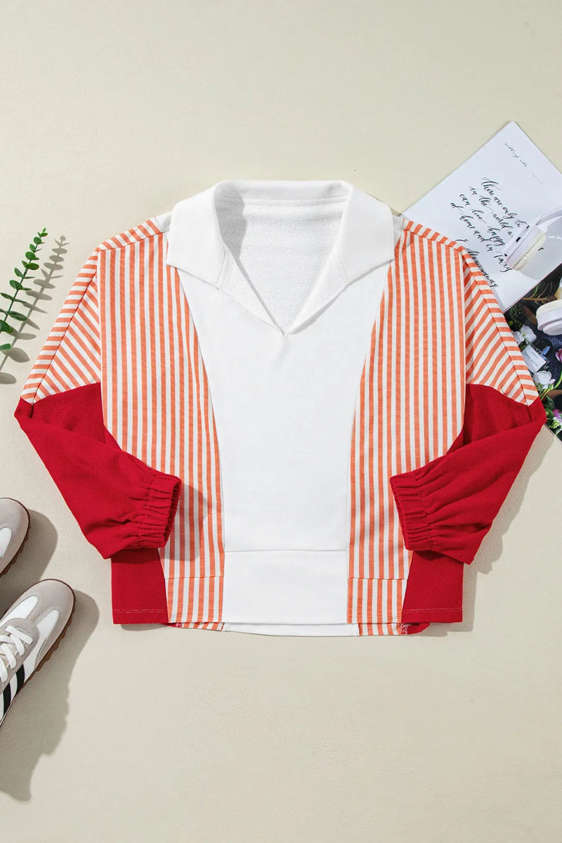 Striped Collared Neck Long Sleeve Sweatshirt