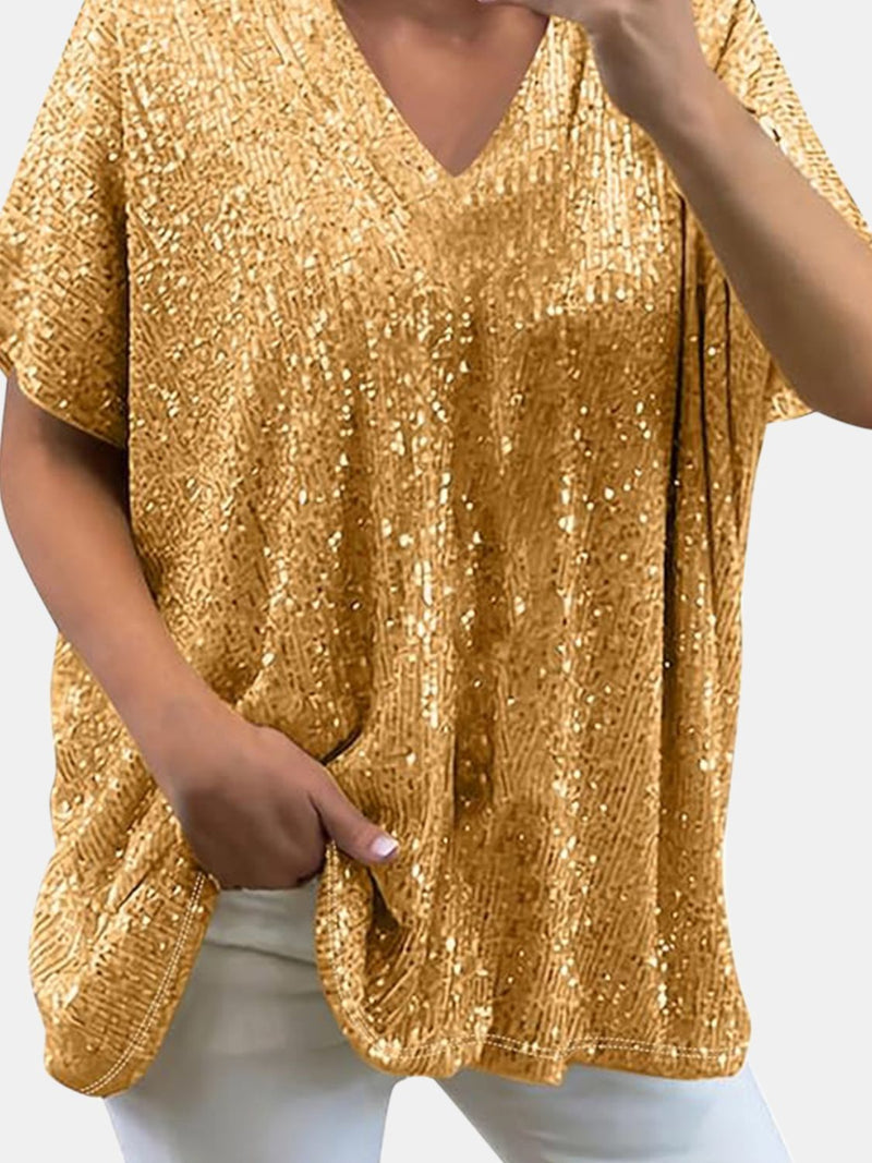 Full Size Sequin V-Neck Short Sleeve Top Brass