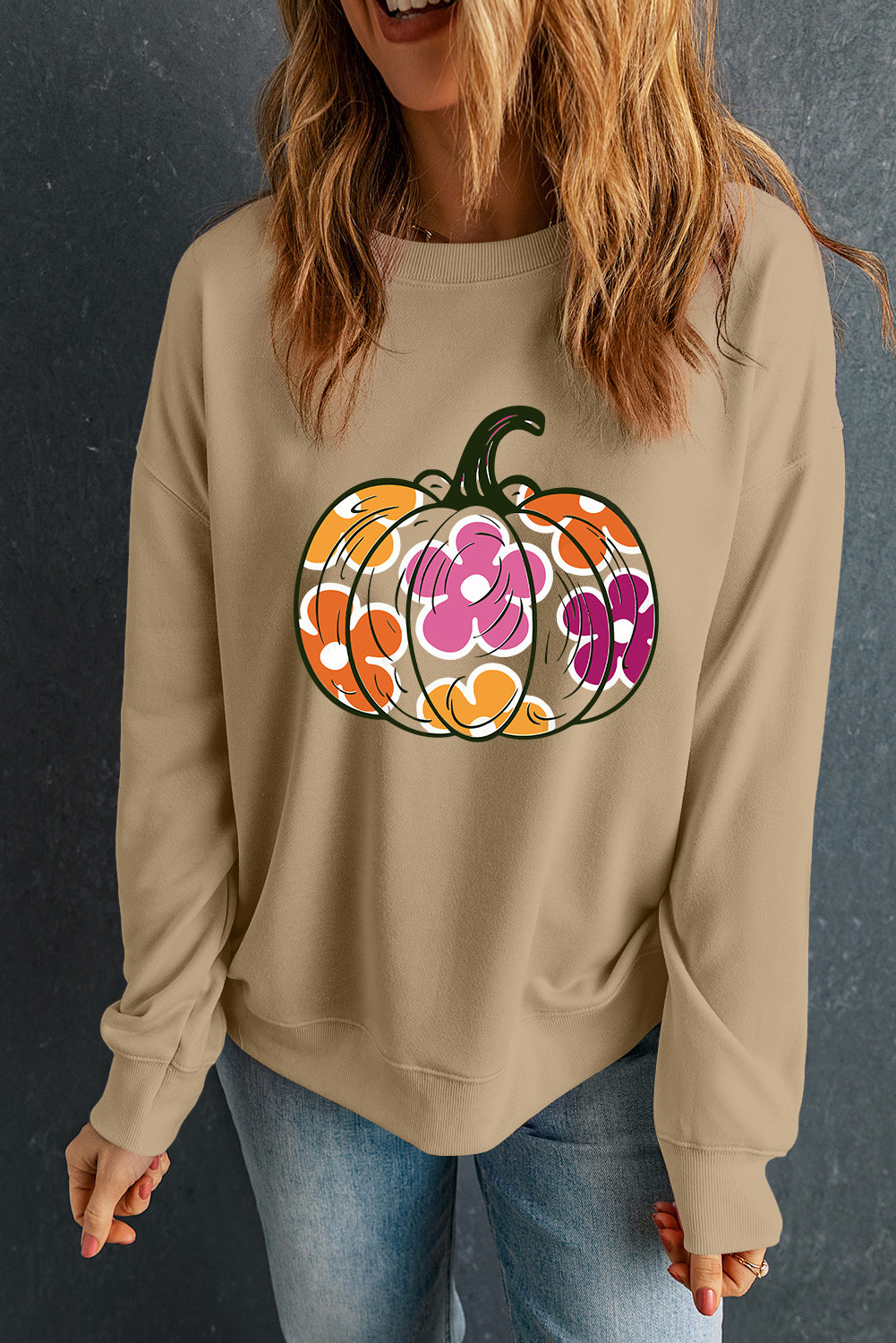 Pumpkin & Flower Graphic Long Sleeve Sweatshirt Khaki