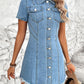 Raw Hem Button Up Short Sleeve Denim Dress