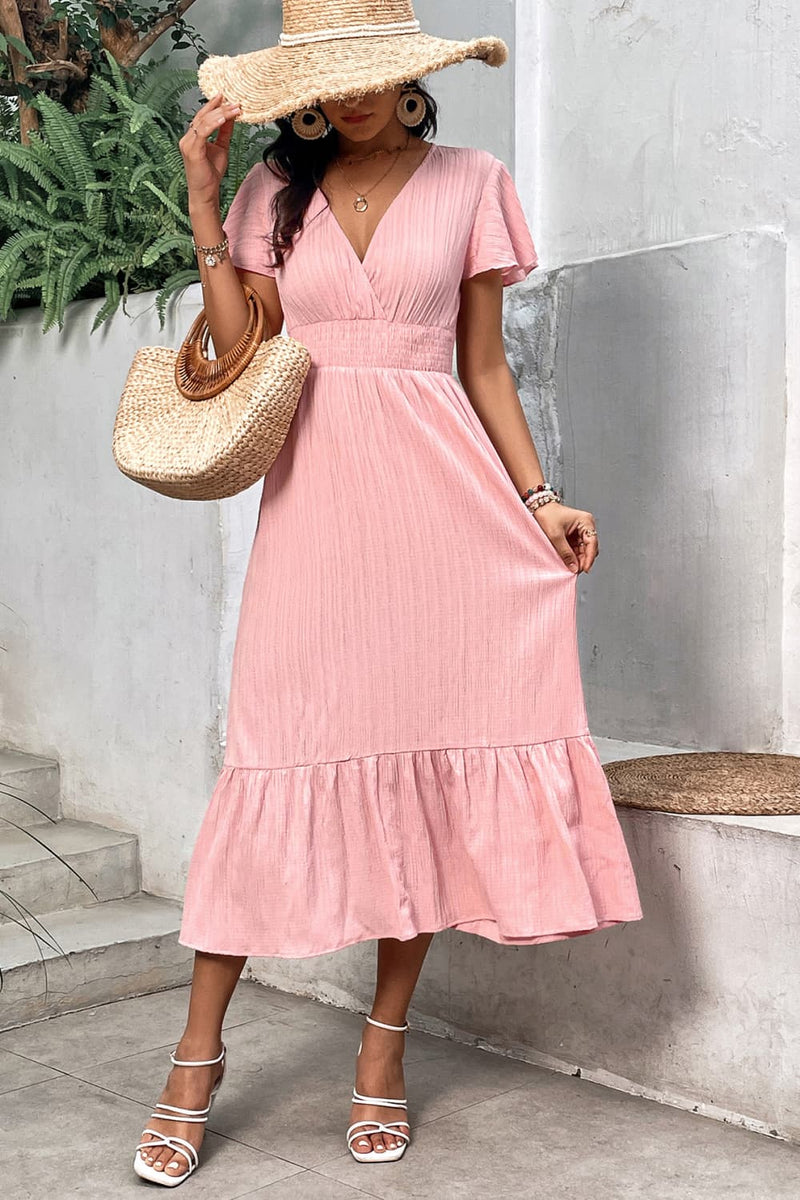 Surplice Neck Smocked Waist Flutter Sleeve Dress