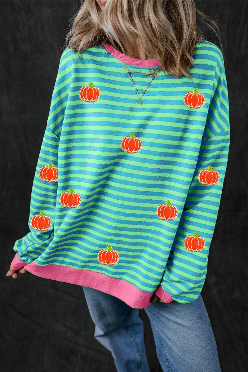 Pumpkin Striped Long Sleeve Sweatshirt Turquoise