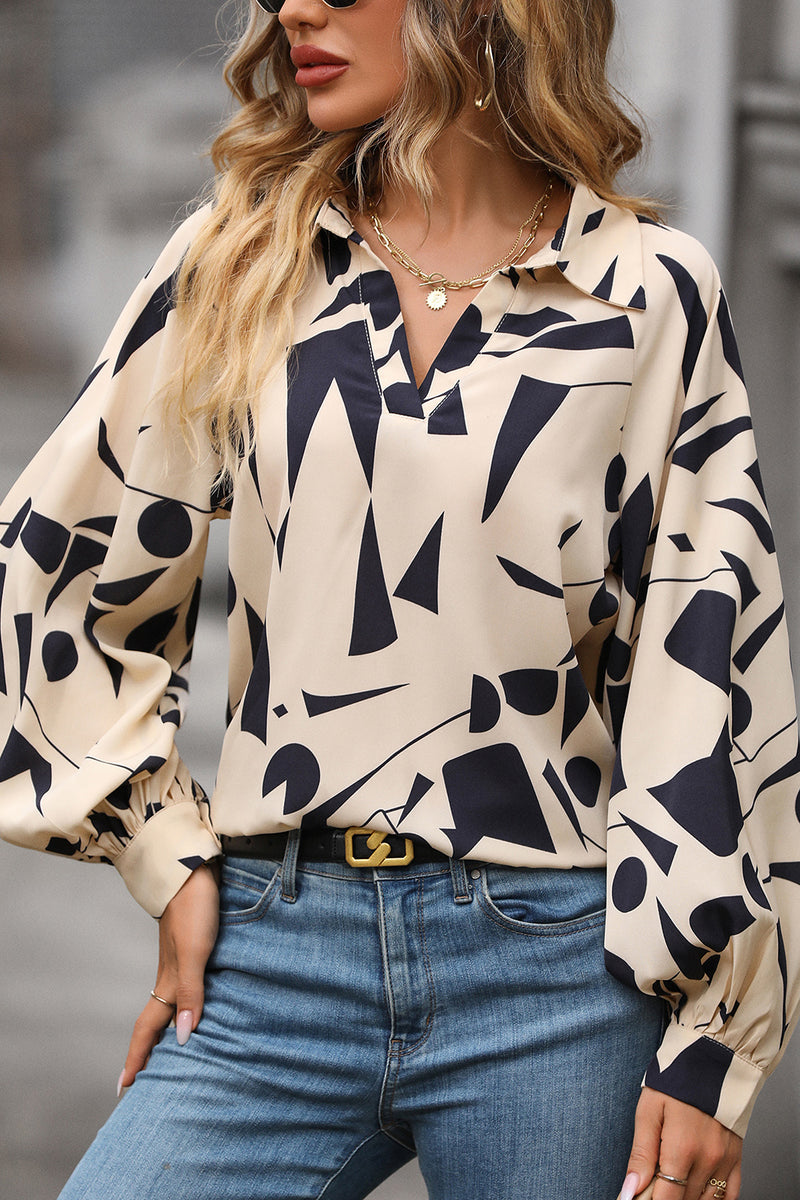 Perfee Printed Johnny Collar Blouse