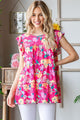 Heimish Full Size Floral Ruffle Sleeve Tiered Blouse Fuchsia Multi