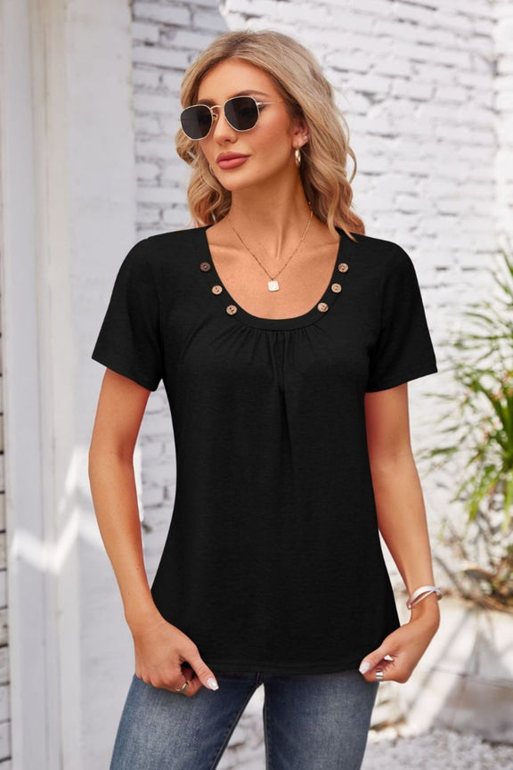 Decorative Button Scoop Neck T-Shirt Black