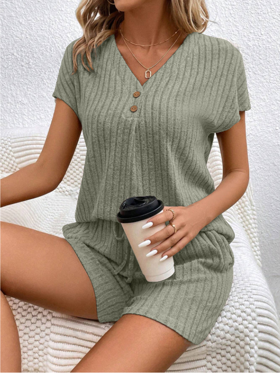 Ribbed V-Neck Top and Shorts Set Sage