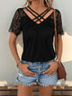 Perfee Lace Detail V-Neck Short Sleeve T-Shirt Black