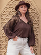 Plus Size Lace Detail Tie Neck Long Sleeve Blouse Brown