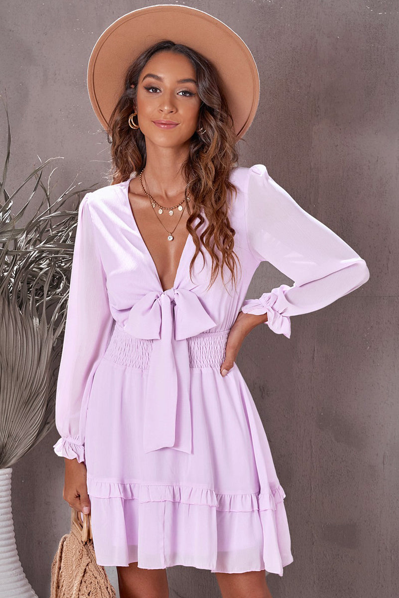 Tied Plunge Smocked Waist Flounce Sleeve Dress Pink Lavender