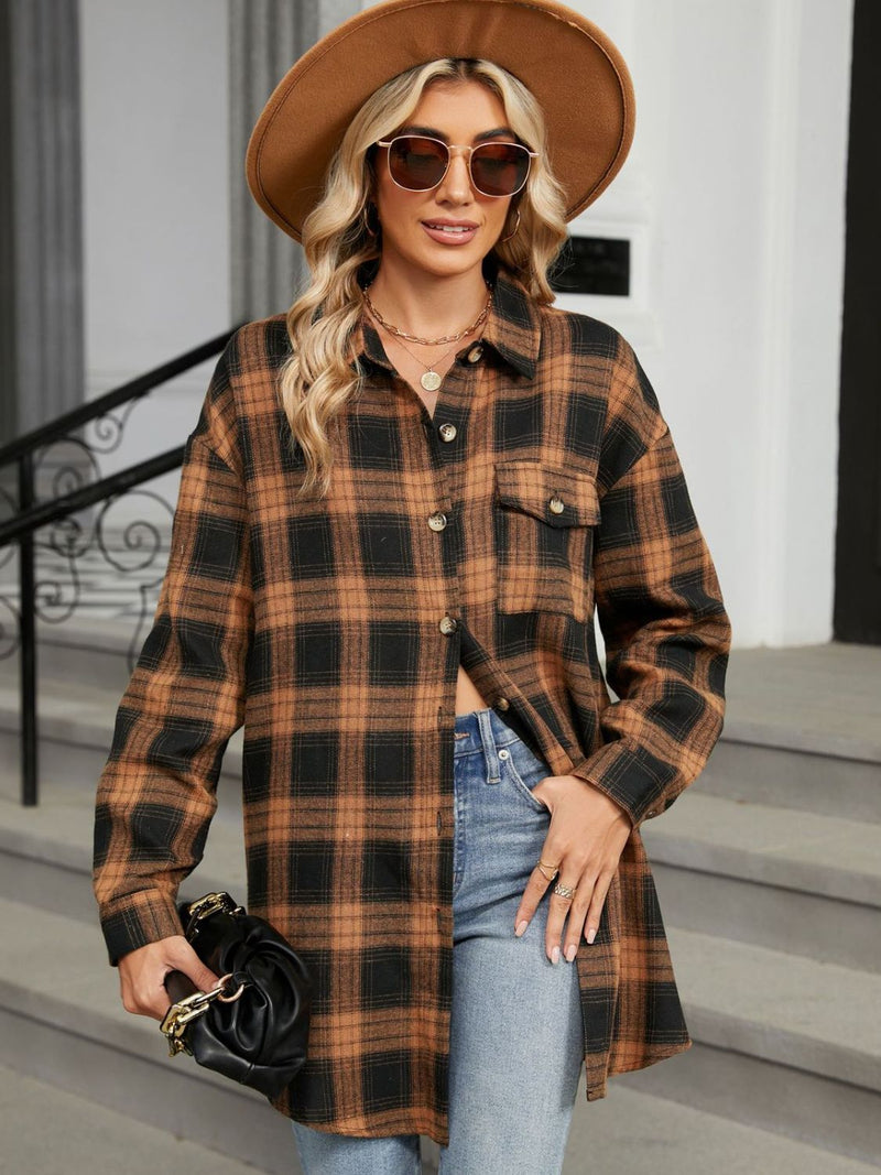 Plaid Collared Neck Long Sleeve Shirt Caramel