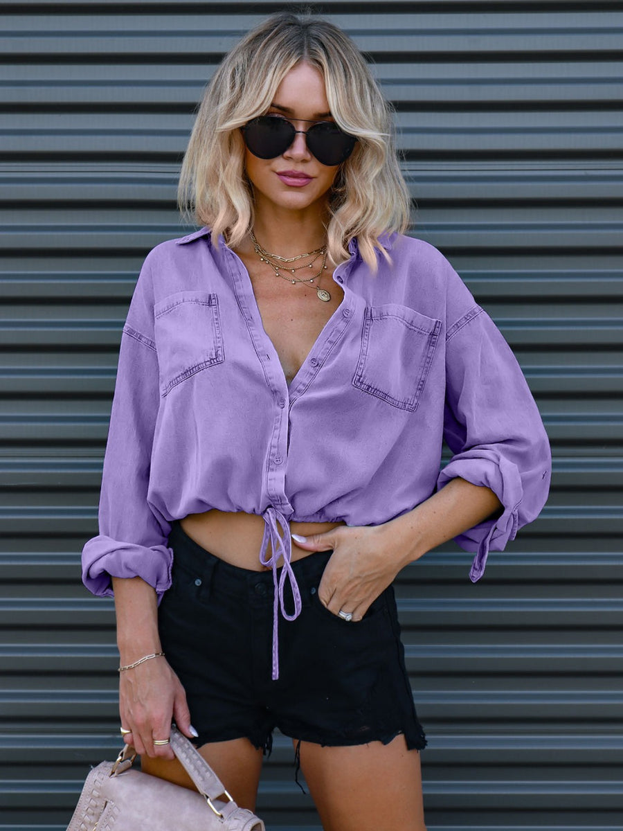 Drawstring Pocketed Button Up Denim Top Lavender