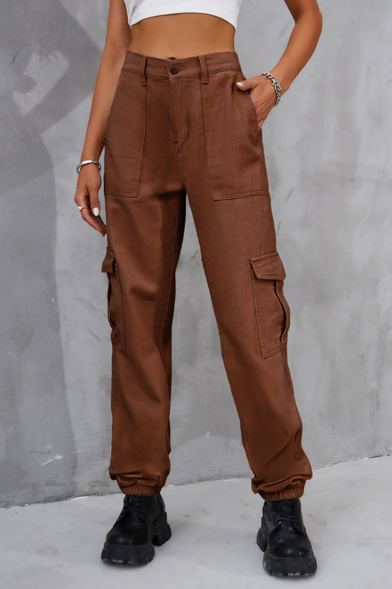 Buttoned High Waist Jeans with Pockets Brown