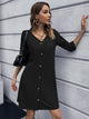 Button Down V-Neck Mini Dress Black