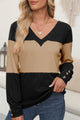 Color Block V-Neck Long Sleeve Top Khaki