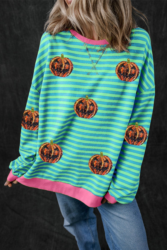 Pumpkin Striped Round Neck Long Sleeve Sweatshirt Turquoise