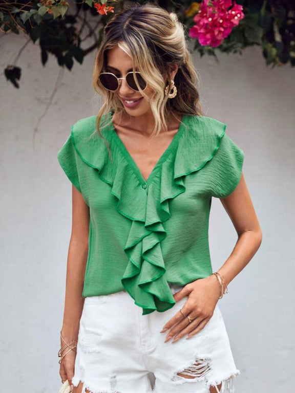 Ruffled V-Neck Short Sleeve Blouse Green