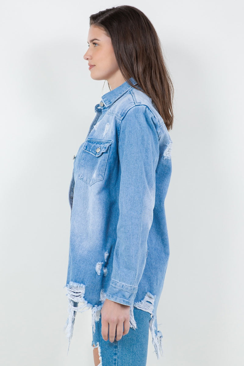 American Bazi Raw Hem Distressed Long Sleeve Denim Jacket