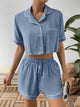 Contrast Lapel Collar Cropped Shirt and Shorts Lounge Set Light Blue