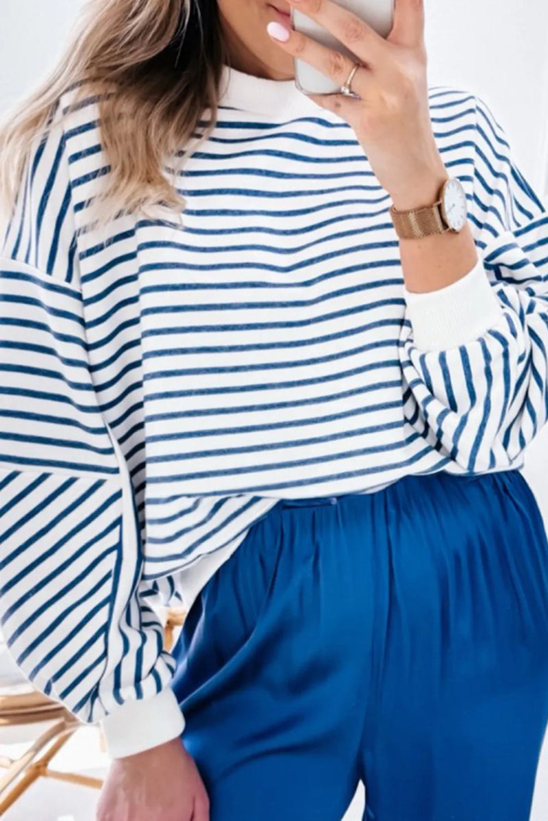 Striped Dropped Shoulder Long Sleeve Sweatshirt Peacock Blue