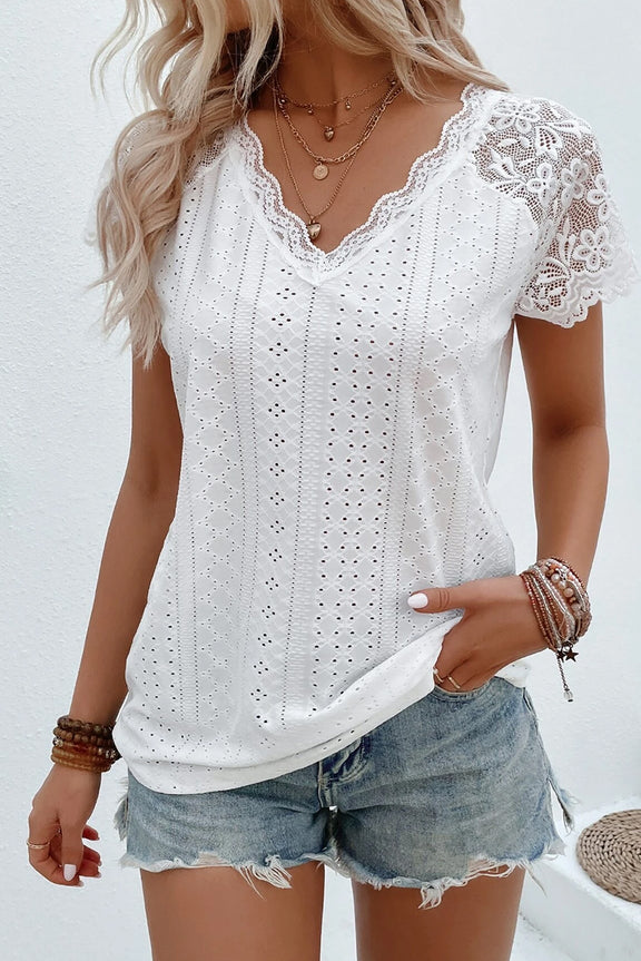 Eyelet Lace Detail V-Neck T-Shirt White