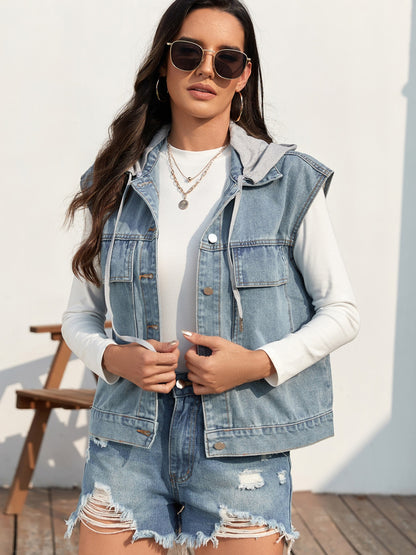 Drawstring Button Up Sleeveless Denim Jacket Light Blue