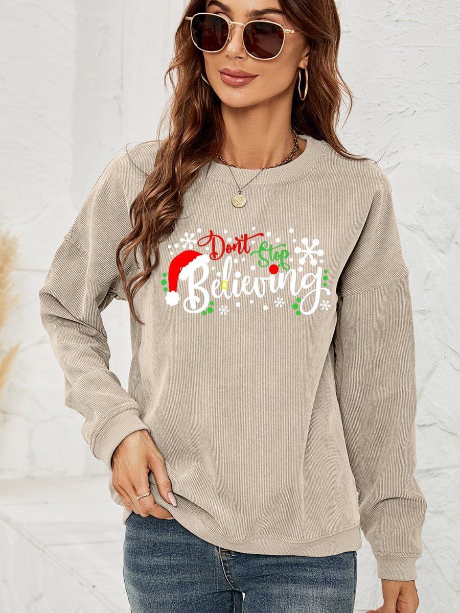 DON'T STOP BELIEVING Graphic Sweatshirt Beige