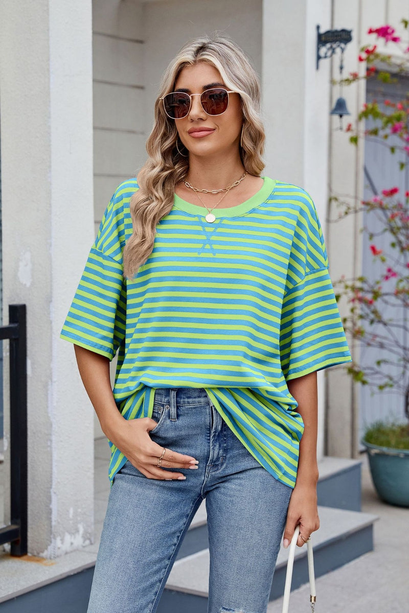 Contrast Striped Round Neck Half Sleeve T-Shirt Green Blue