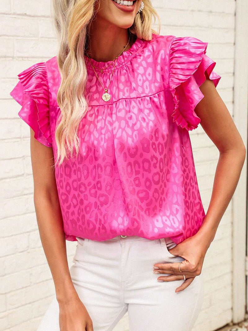 Leopard Frill Mock Neck Ruffled Cap Sleeve Top Fuchsia Pink
