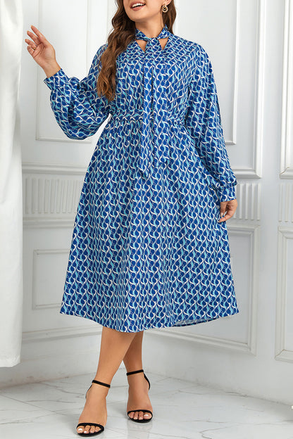 Plus Size Printed Tie Neck Midi Dress