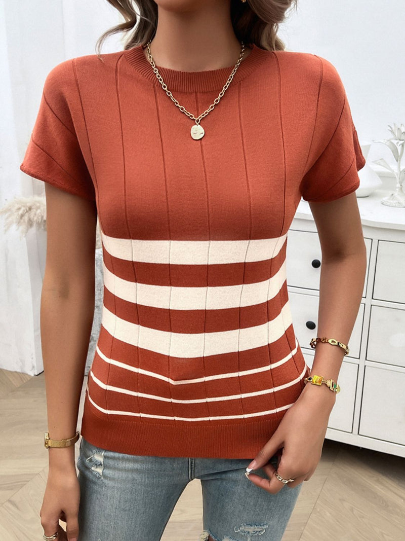 Devine Striped Round Neck Short Sleeve Knit Top