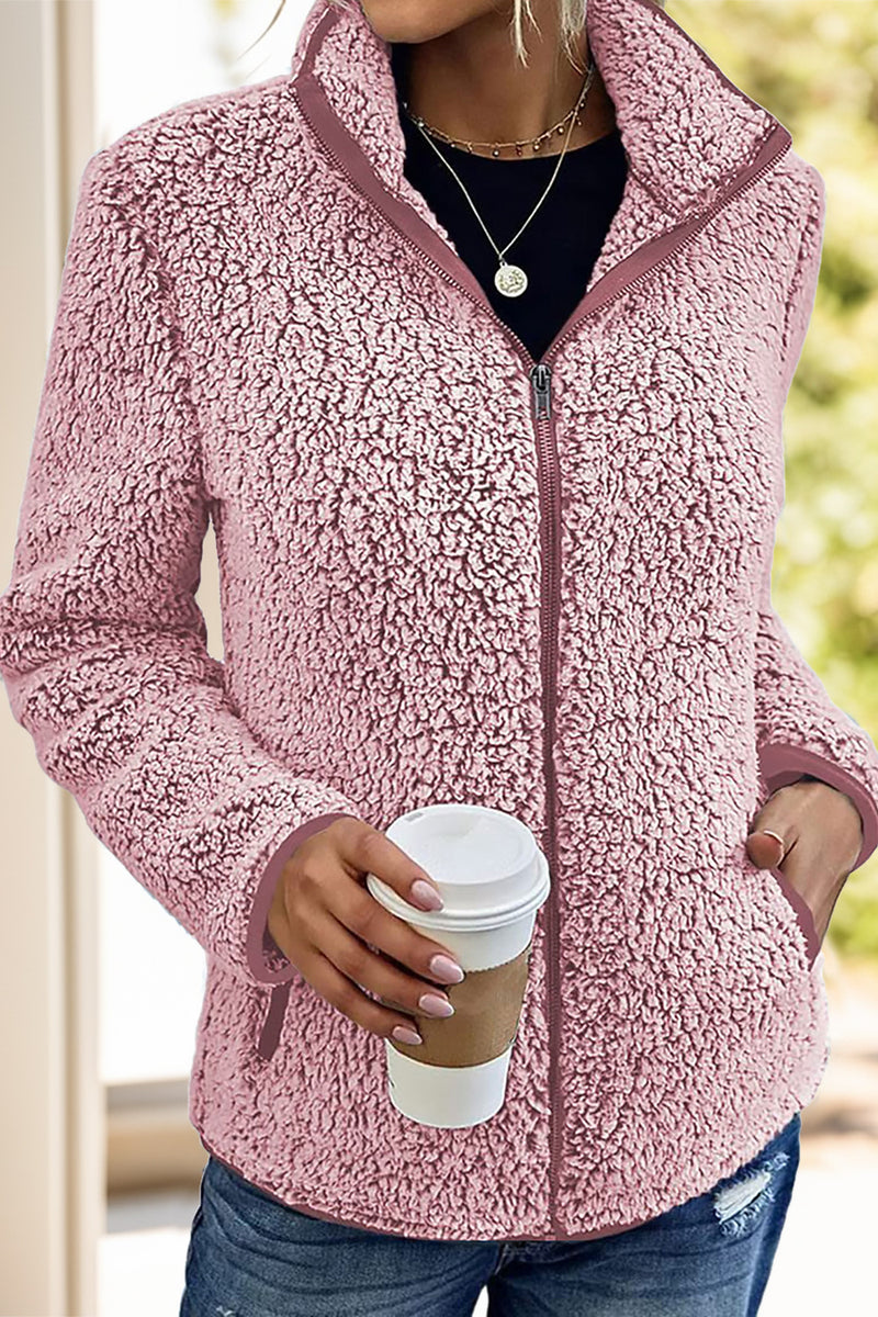 Pocketed Zip Up Turtleneck Jacket Dusty Pink
