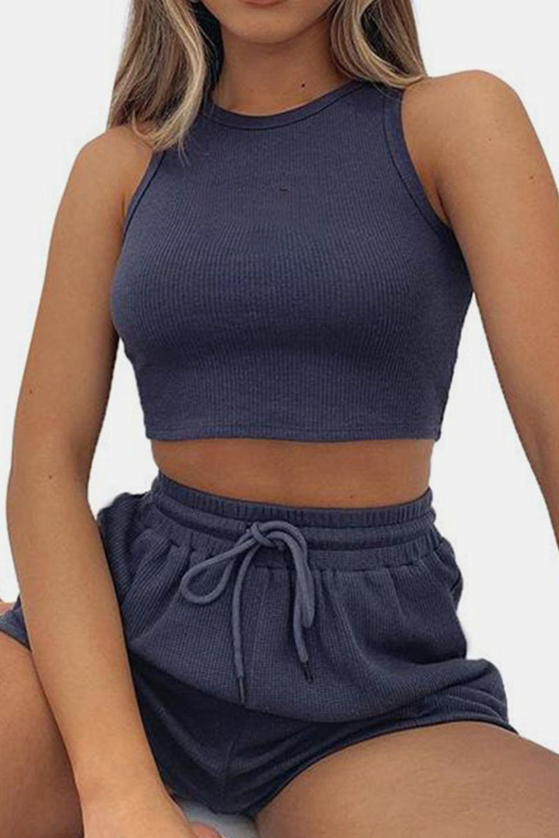 Round Neck Top and Drawstring Shorts Set Dark Blue
