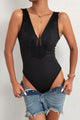 Perfee Spliced Lace Deep V Sleeveless Bodysuit Black