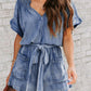 MeiMei Notched Tie Waist Short Sleeve Denim Romper