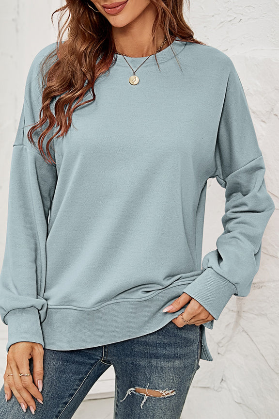 Round Neck Dropped Shoulder Slit Sweatshirt Air Force Blue