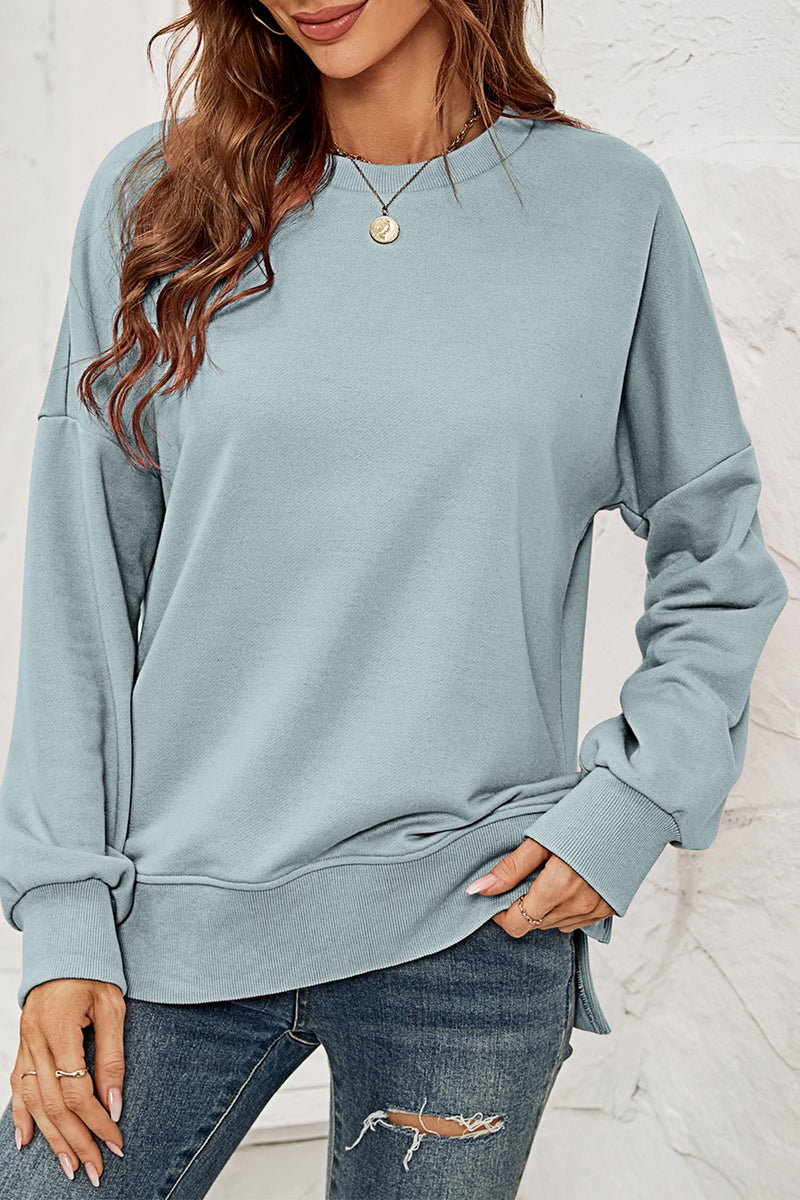 Round Neck Dropped Shoulder Slit Sweatshirt Air Force Blue