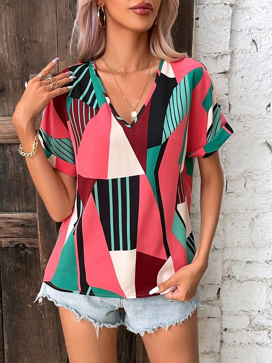 Printed V-Neck Short Sleeve Blouse Hot Pink