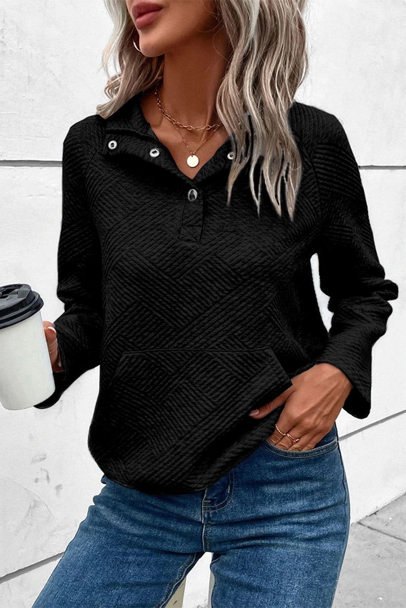 Geometric Snap Button Long Sleeve Sweatshirt Black
