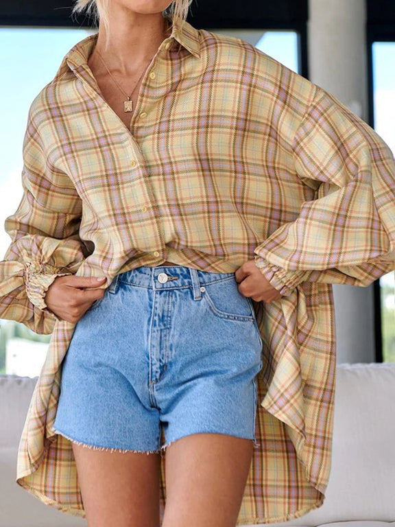 Plaid Button Up Long Sleeve Shirt Pastel Yellow