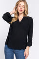 ACTIVE BASIC Full Size Notched Long Sleeve Woven Top Black