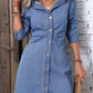 Ruched Button Up Long Sleeve Denim Dress