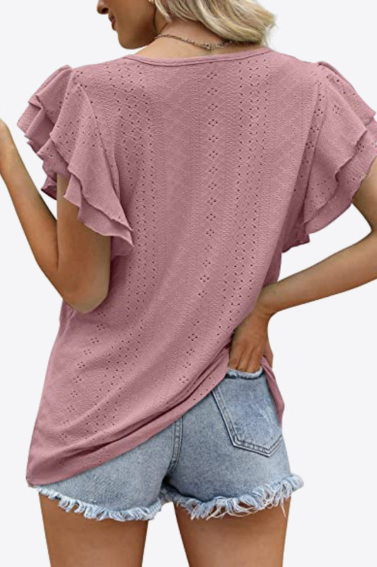 Round Neck Layered Flutter Sleeve Blouse