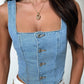 Smocked Square Neck Denim Top